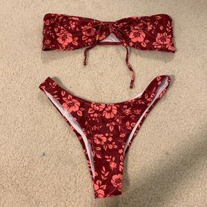 Burgundy Floral Tie Bikini Set